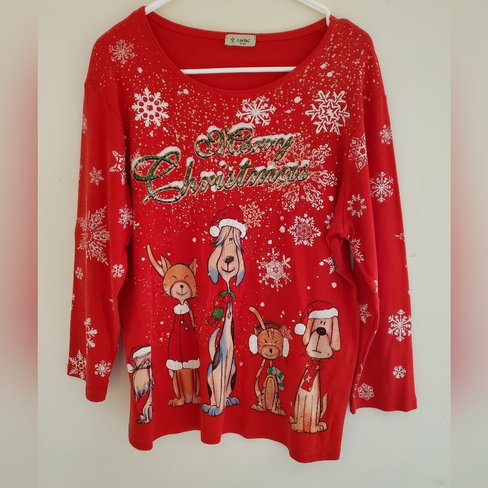 Cactus Red Christmas Shirt with Cute Animal Print